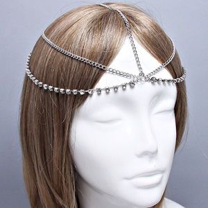 Silver Head Chain Hair Body Jewelry Clear Crystal